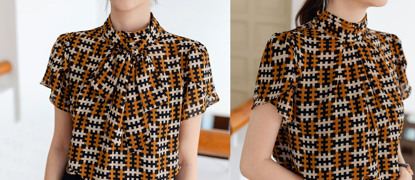 Modern Chic Pattern Short Sleeve Tie Blouse / Korean Style Tie Neck Blouse Top / Office Look Top / Everyday Soft Blouse