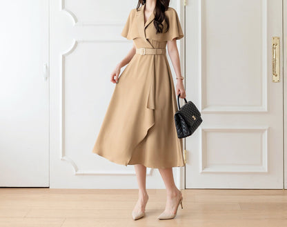 Elegant Feminin Draped Flare Dress with Belt / V-neck Cape Top Spring Summer Midi Dress / Korean Style Women Dress