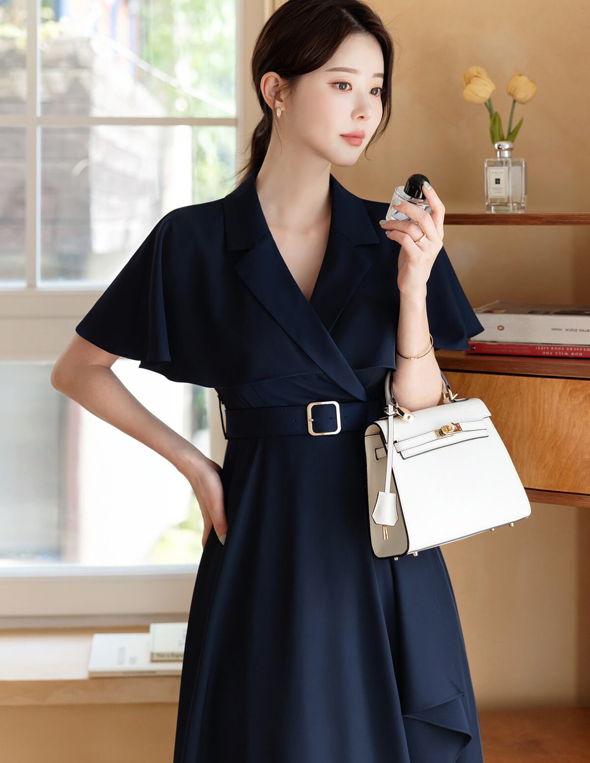 Elegant Feminin Draped Flare Dress with Belt / V-neck Cape Top Spring Summer Midi Dress / Korean Style Women Dress