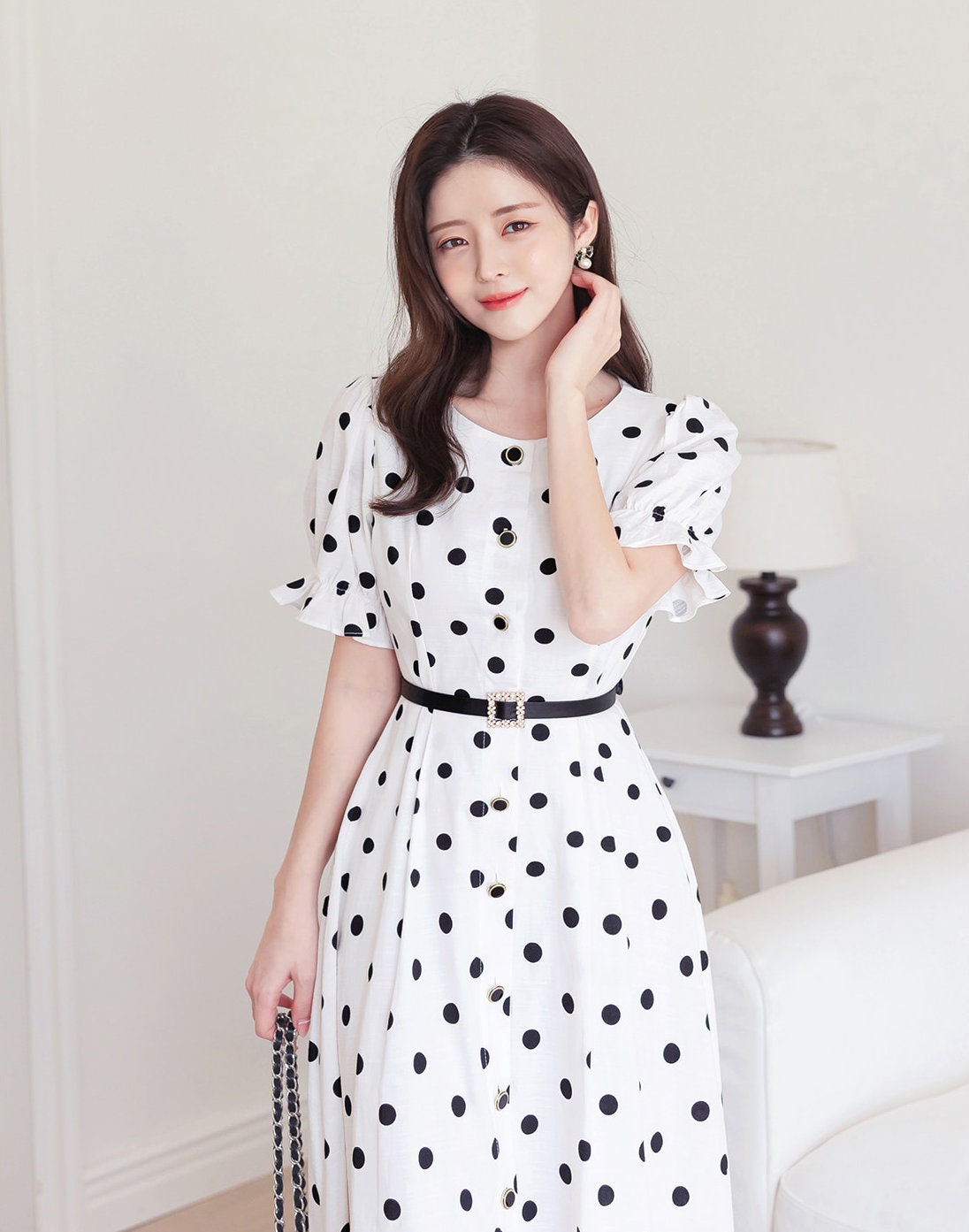 Elegant Feminin Puff Sleeve Linen blend Shirtdress with Belt / Korean Style Short Sleeve Dot Pattern Midi Dress