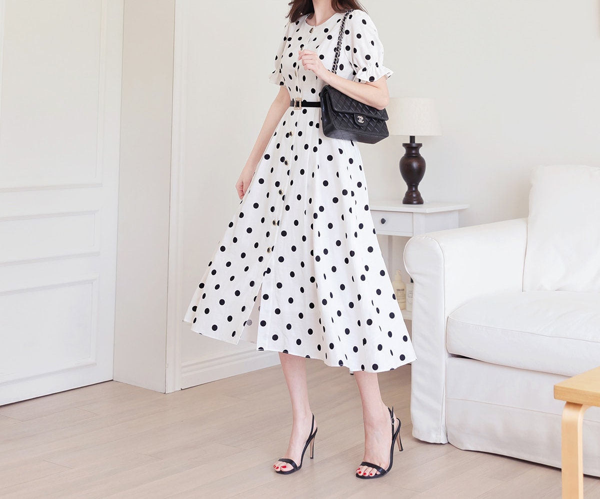 Elegant Feminin Puff Sleeve Linen blend Shirtdress with Belt / Korean Style Short Sleeve Dot Pattern Midi Dress