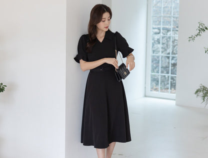 Elegant Feminin Short Sleeve Summer Dress with Belt / Korean Style Short Sleeve Midi Dress