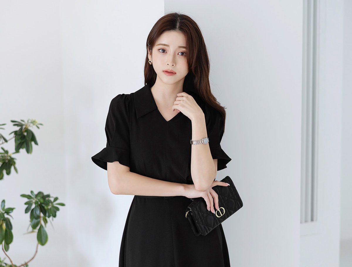 Elegant Feminin Short Sleeve Summer Dress with Belt / Korean Style Short Sleeve Midi Dress