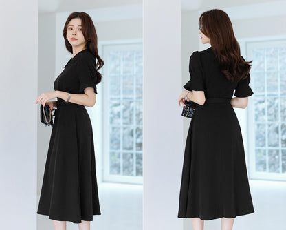 Elegant Feminin Short Sleeve Summer Dress with Belt / Korean Style Short Sleeve Midi Dress