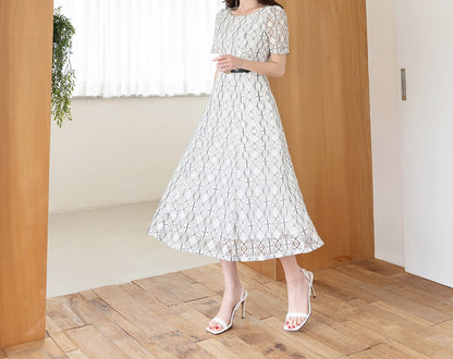 Elegant Unique Lace Dress with Belt / Korean Style Summer Lace Midi Dress / Luxury wear Elegant Feminin Flare Dress