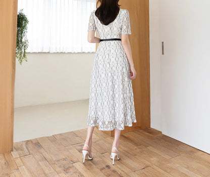 Elegant Unique Lace Dress with Belt / Korean Style Summer Lace Midi Dress / Luxury wear Elegant Feminin Flare Dress