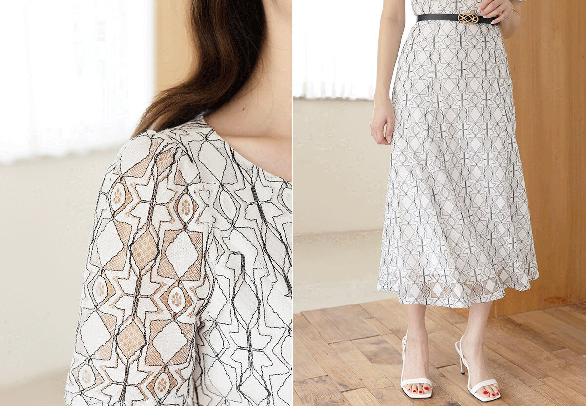 Elegant Unique Lace Dress with Belt / Korean Style Summer Lace Midi Dress / Luxury wear Elegant Feminin Flare Dress