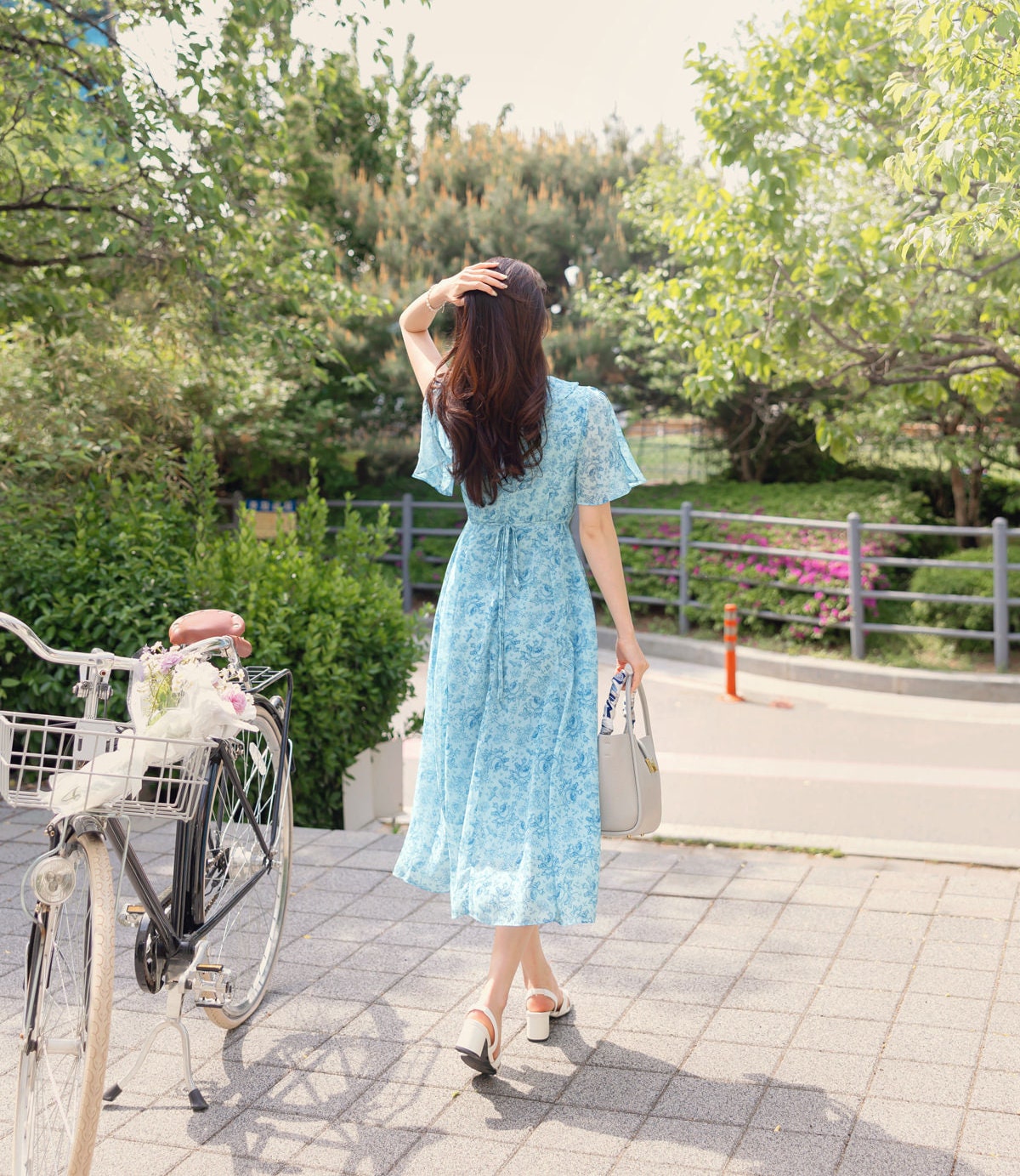 Floral Chiffon Midi Dress / Korean Style Women Dress / V-neck Short Sleeve Spring Summer Midi Dress