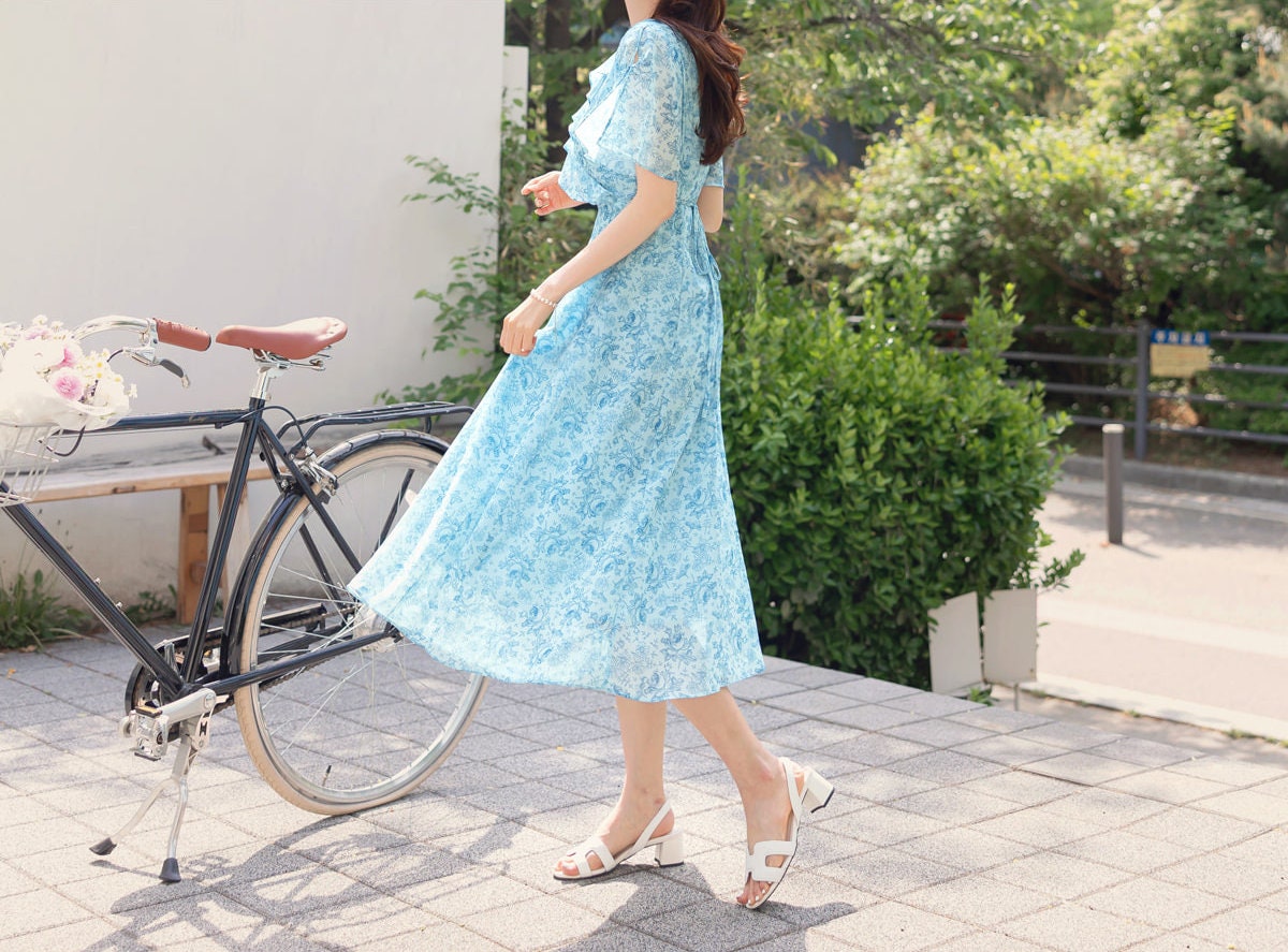 Floral Chiffon Midi Dress / Korean Style Women Dress / V-neck Short Sleeve Spring Summer Midi Dress