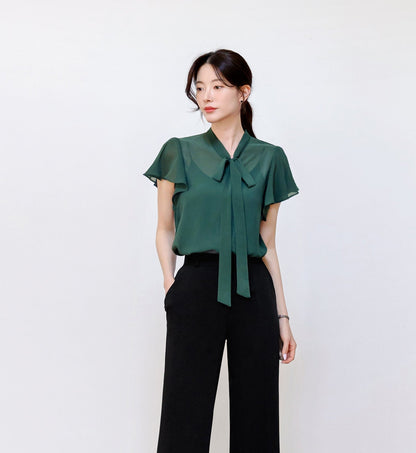 Korean Style Tie Neck Wing Sleeve Blouse Top / Short Sleeve Chiffon Tie Blouse / Office Look Top / Everyday Soft Blouse for Summer