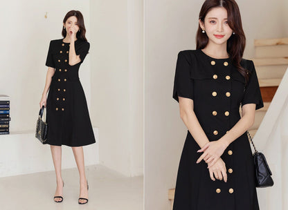 Korean Style Double Breasted Jacket Dress / Elegant Feminin Short Sleeve Modern Chic Midi Dress for Summer