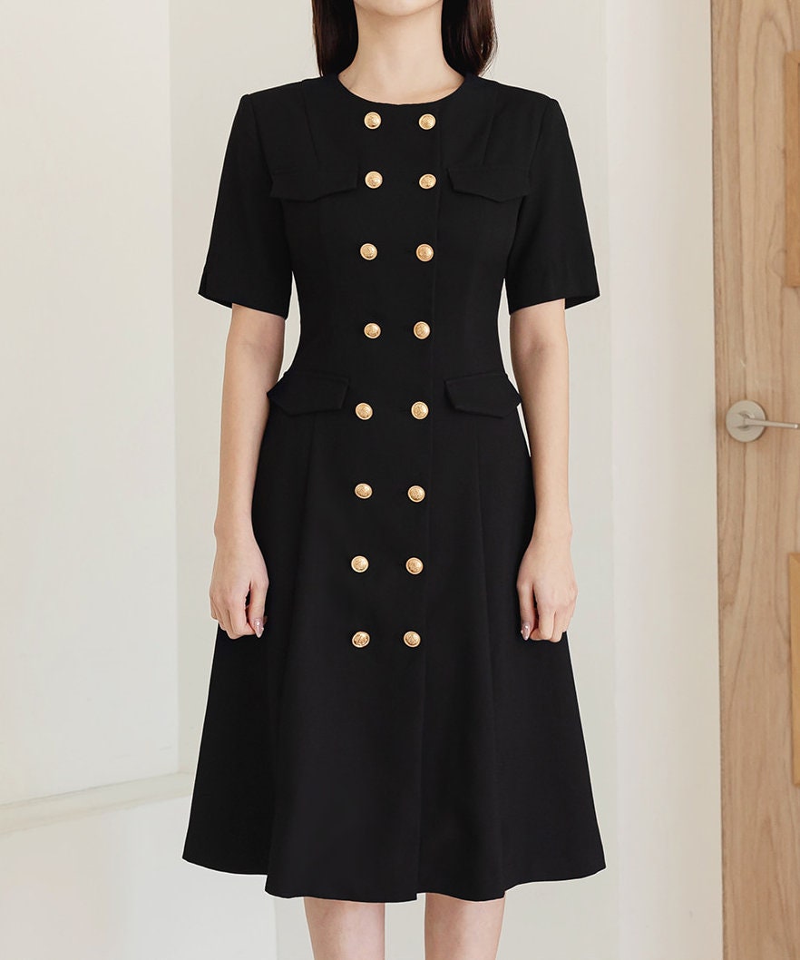 Korean Style Double Breasted Jacket Dress / Elegant Feminin Short Sleeve Modern Chic Midi Dress for Summer