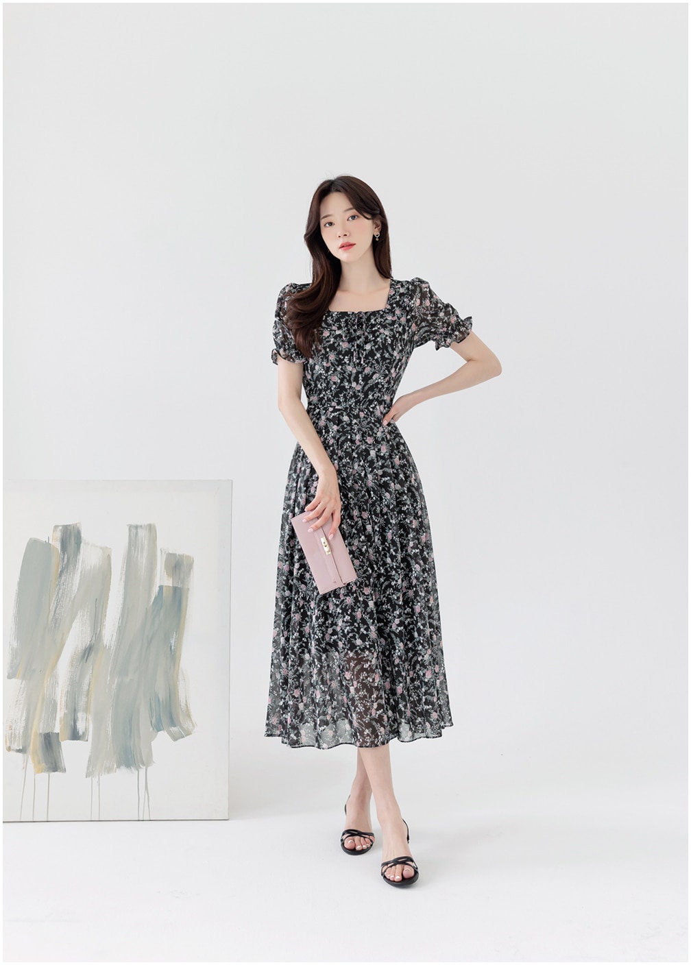 Summer Floral Chiffon Square Neck Short Sleeve Midi Dress / Korean Style Women Flare Dress / Lovely Long Dress