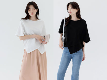 Spring Summer Loose Fit Cross Cape Top / Korean Style Women Clothes / Office Look Basic Top / Everyday Soft Blouse