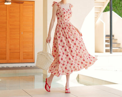 Elegant Feminin Floral Sleeveless Flare Dress / Korean Style Midi Dress / Summer Sleeveless Dress for Women