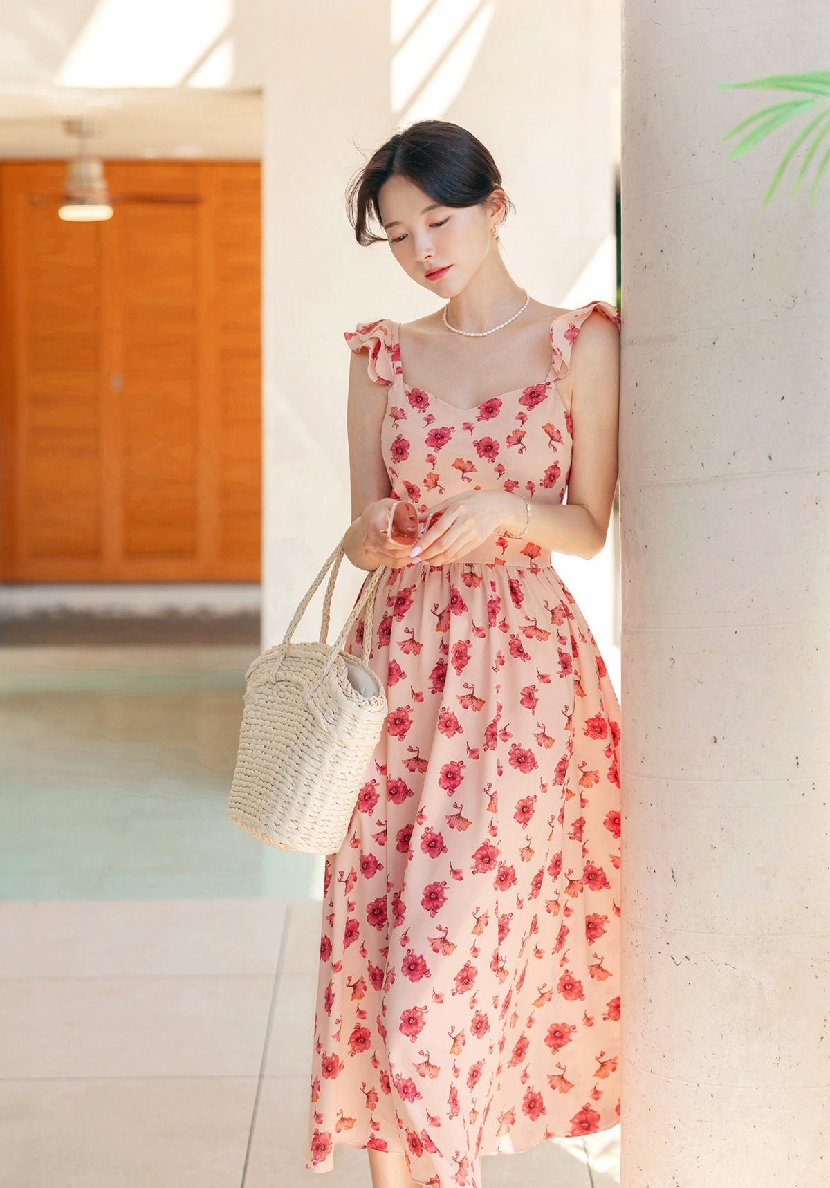 Elegant Feminin Floral Sleeveless Flare Dress / Korean Style Midi Dress / Summer Sleeveless Dress for Women