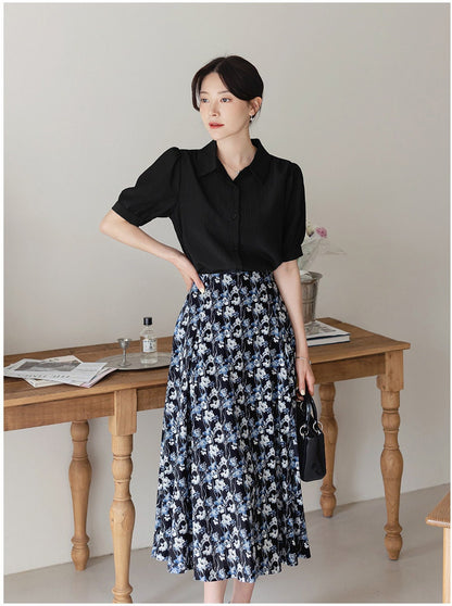 Elegant Feminine Short Sleeve Wrinkle Blouse / Korean Style Summer Blouse Top / Office Look Top / Everyday Soft Blouse for Summer