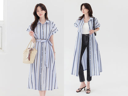 Elegant Feminin Short Sleeve Robe Style Shirtdress with Belt / Korean Style Striped Pattern Summer Midi Dress