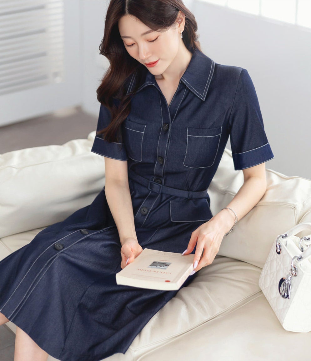 Elegant Feminin Short Sleeve Denim Shirtdress with Belt / Korean Style Frontl Button Flare Dress / Spring Summer Dress for Women