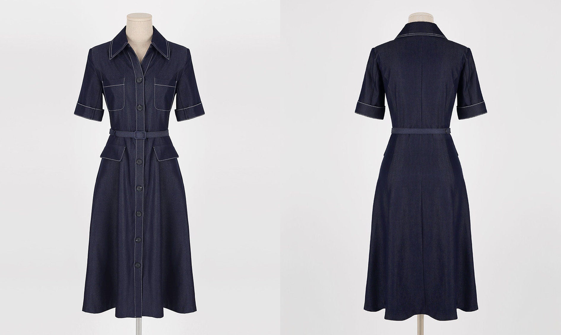 Elegant Feminin Short Sleeve Denim Shirtdress with Belt / Korean Style Frontl Button Flare Dress / Spring Summer Dress for Women