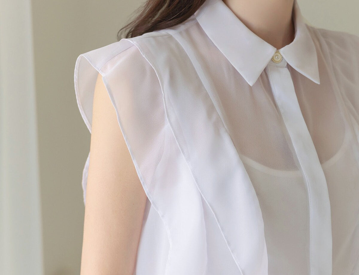 Lovely Feminine Sleeveless See-through Blouse / Korean Style Office Look Top / Everyday Soft Blouse for Summer