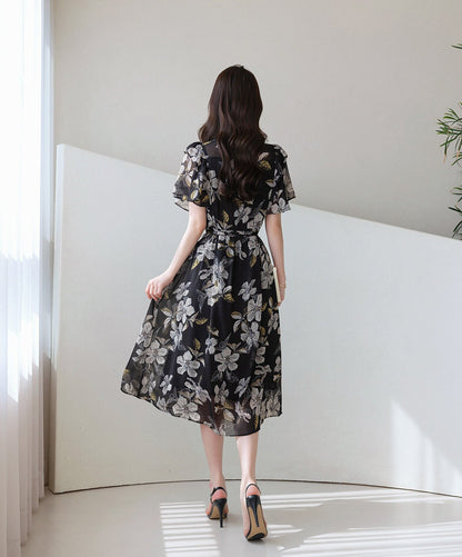 Korean Style Elegant Feminin Floral Chiffon Shirtdress with Strap Belt / Wing Sleeve Front Button Midi Dress /Short Sleeve Midi Dress