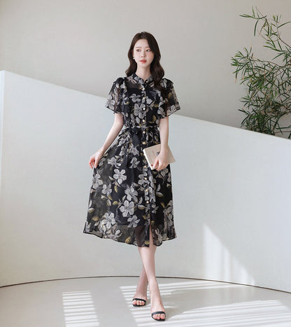 Korean Style Elegant Feminin Floral Chiffon Shirtdress with Strap Belt / Wing Sleeve Front Button Midi Dress /Short Sleeve Midi Dress