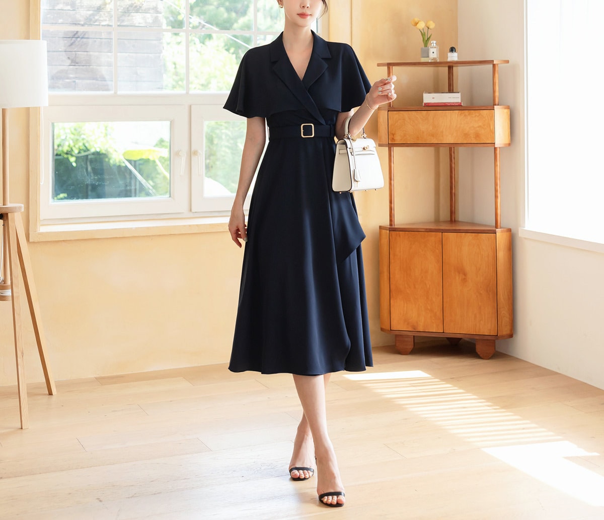 Elegant Feminin Draped Flare Dress with Belt / V-neck Cape Top Spring Summer Midi Dress / Korean Style Women Dress