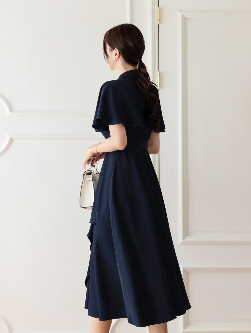 Elegant Feminin Draped Flare Dress with Belt / V-neck Cape Top Spring Summer Midi Dress / Korean Style Women Dress