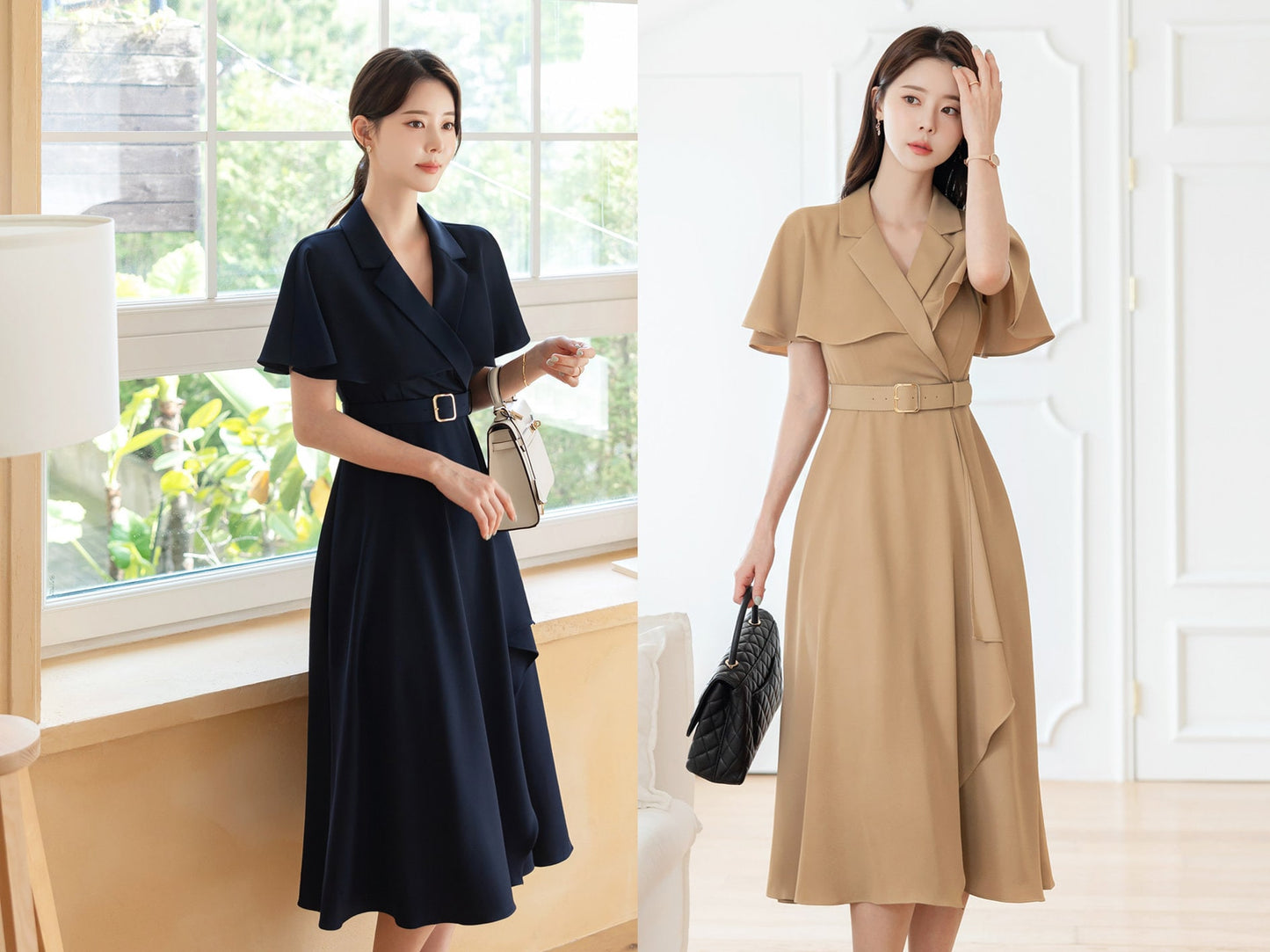 Elegant Feminin Draped Flare Dress with Belt / V-neck Cape Top Spring Summer Midi Dress / Korean Style Women Dress