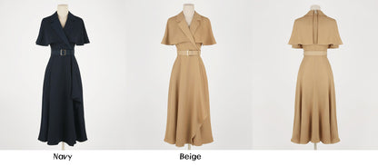 Elegant Feminin Draped Flare Dress with Belt / V-neck Cape Top Spring Summer Midi Dress / Korean Style Women Dress