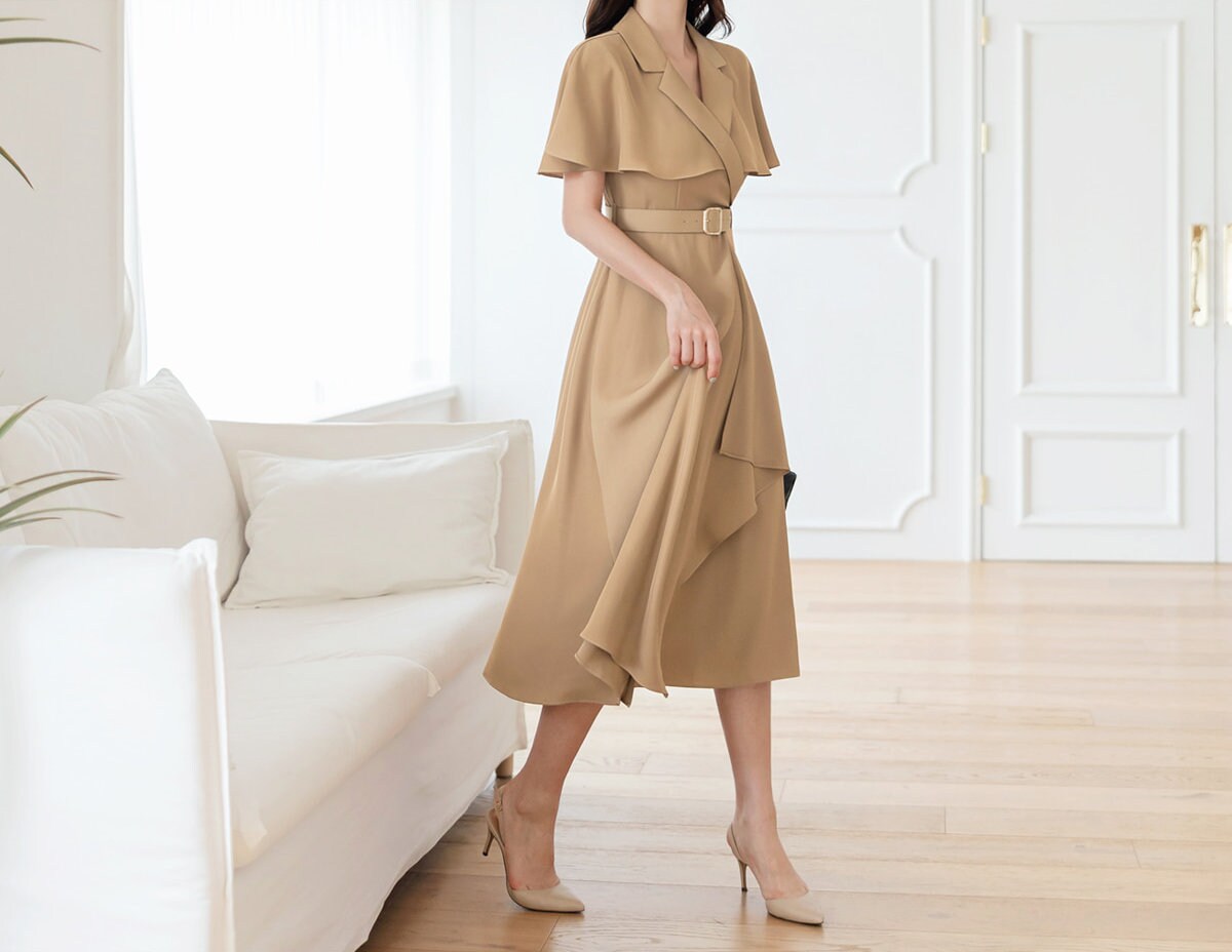 Elegant Feminin Draped Flare Dress with Belt / V-neck Cape Top Spring Summer Midi Dress / Korean Style Women Dress