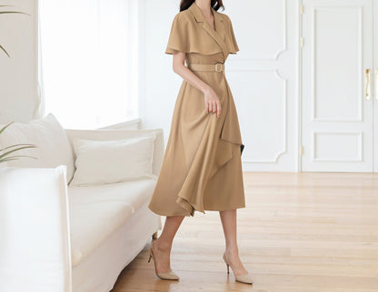 Elegant Feminin Draped Flare Dress with Belt / V-neck Cape Top Spring Summer Midi Dress / Korean Style Women Dress