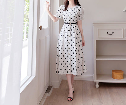 Elegant Feminin Puff Sleeve Linen blend Shirtdress with Belt / Korean Style Short Sleeve Dot Pattern Midi Dress