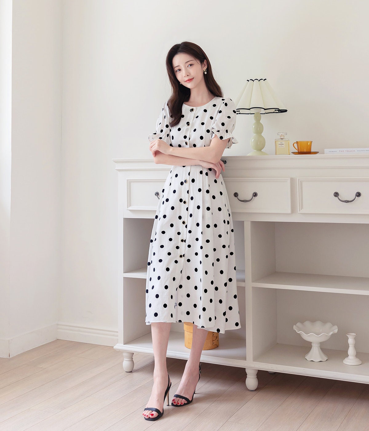 Elegant Feminin Puff Sleeve Linen blend Shirtdress with Belt / Korean Style Short Sleeve Dot Pattern Midi Dress