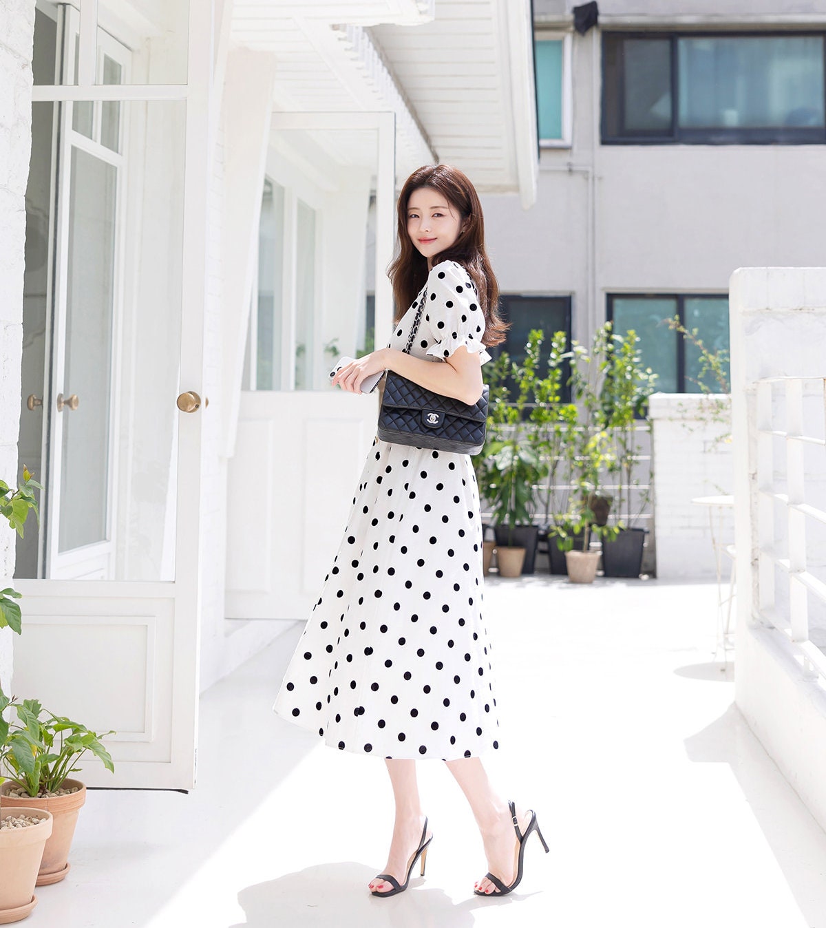 Elegant Feminin Puff Sleeve Linen blend Shirtdress with Belt / Korean Style Short Sleeve Dot Pattern Midi Dress