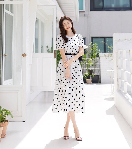 Elegant Feminin Puff Sleeve Linen blend Shirtdress with Belt / Korean Style Short Sleeve Dot Pattern Midi Dress