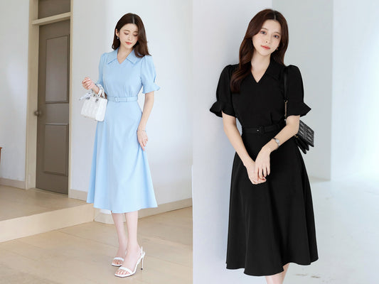 Elegant Feminin Short Sleeve Summer Dress with Belt / Korean Style Short Sleeve Midi Dress