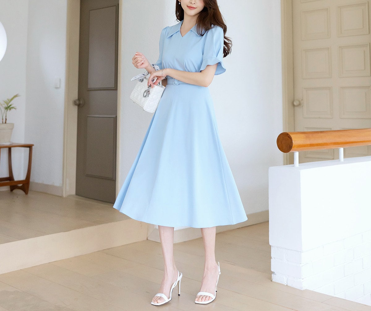 Elegant Feminin Short Sleeve Summer Dress with Belt / Korean Style Short Sleeve Midi Dress