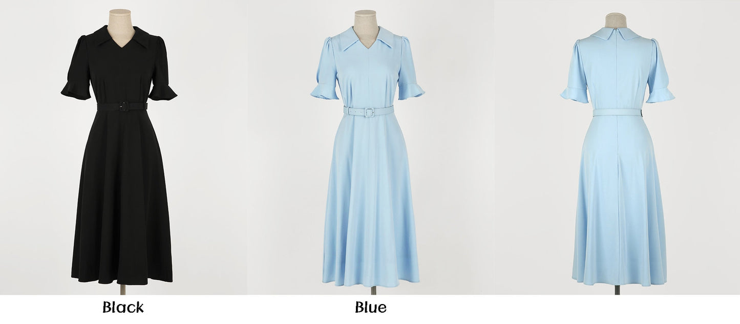 Elegant Feminin Short Sleeve Summer Dress with Belt / Korean Style Short Sleeve Midi Dress