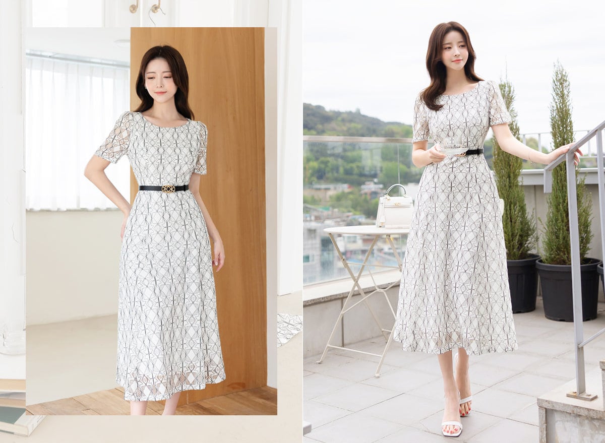 Elegant Unique Lace Dress with Belt / Korean Style Summer Lace Midi Dress / Luxury wear Elegant Feminin Flare Dress