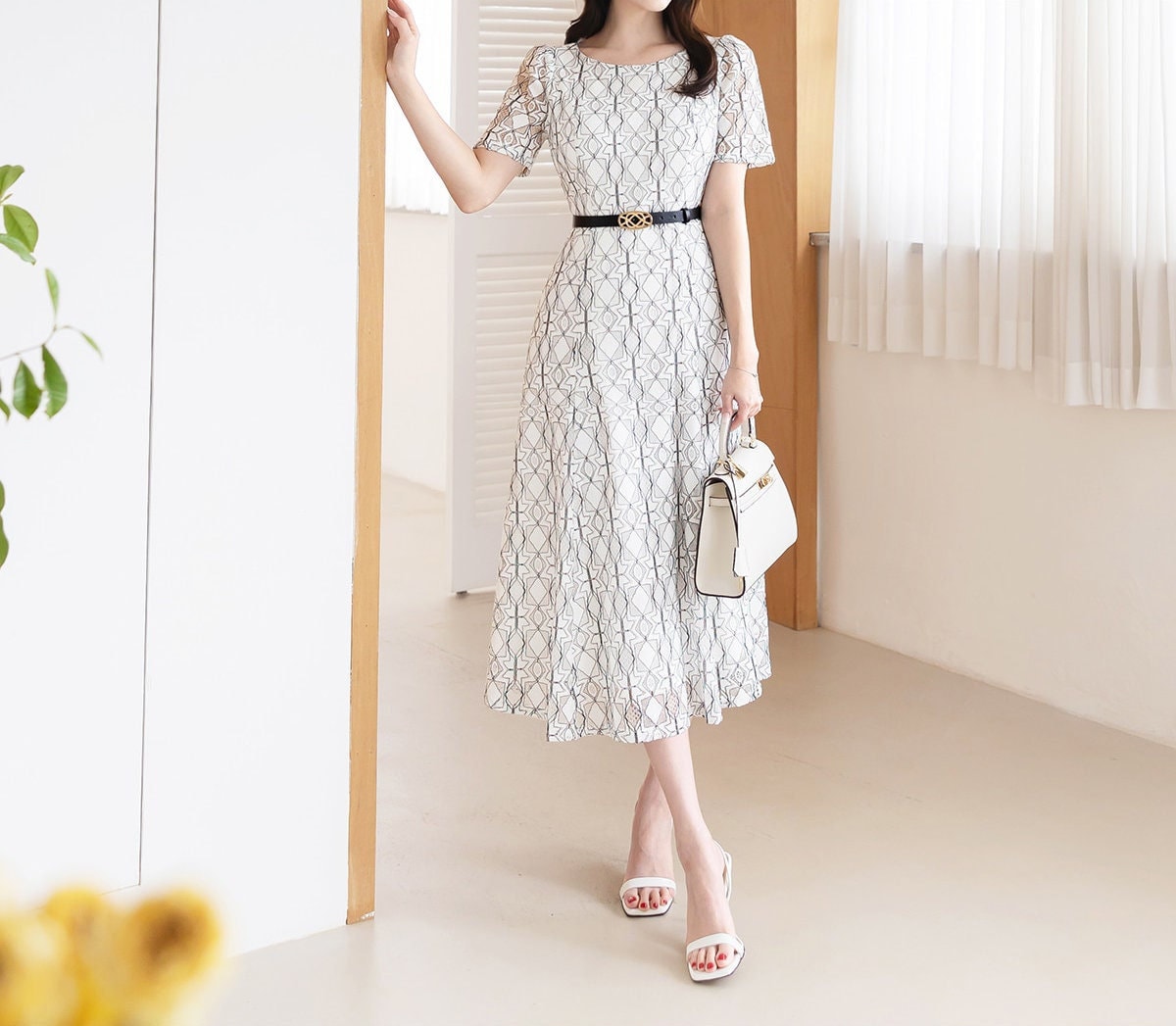 Elegant Unique Lace Dress with Belt / Korean Style Summer Lace Midi Dress / Luxury wear Elegant Feminin Flare Dress