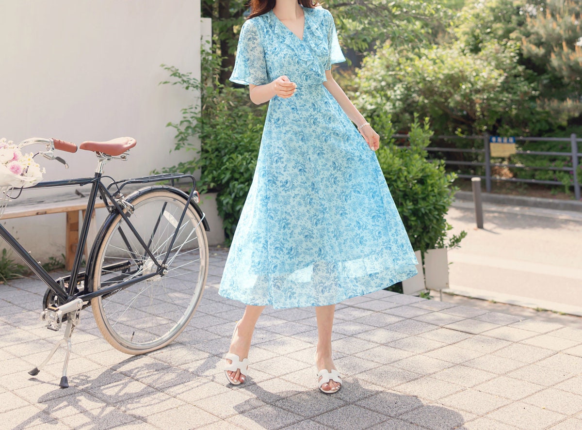 Floral Chiffon Midi Dress / Korean Style Women Dress / V-neck Short Sleeve Spring Summer Midi Dress