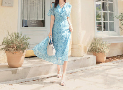 Floral Chiffon Midi Dress / Korean Style Women Dress / V-neck Short Sleeve Spring Summer Midi Dress