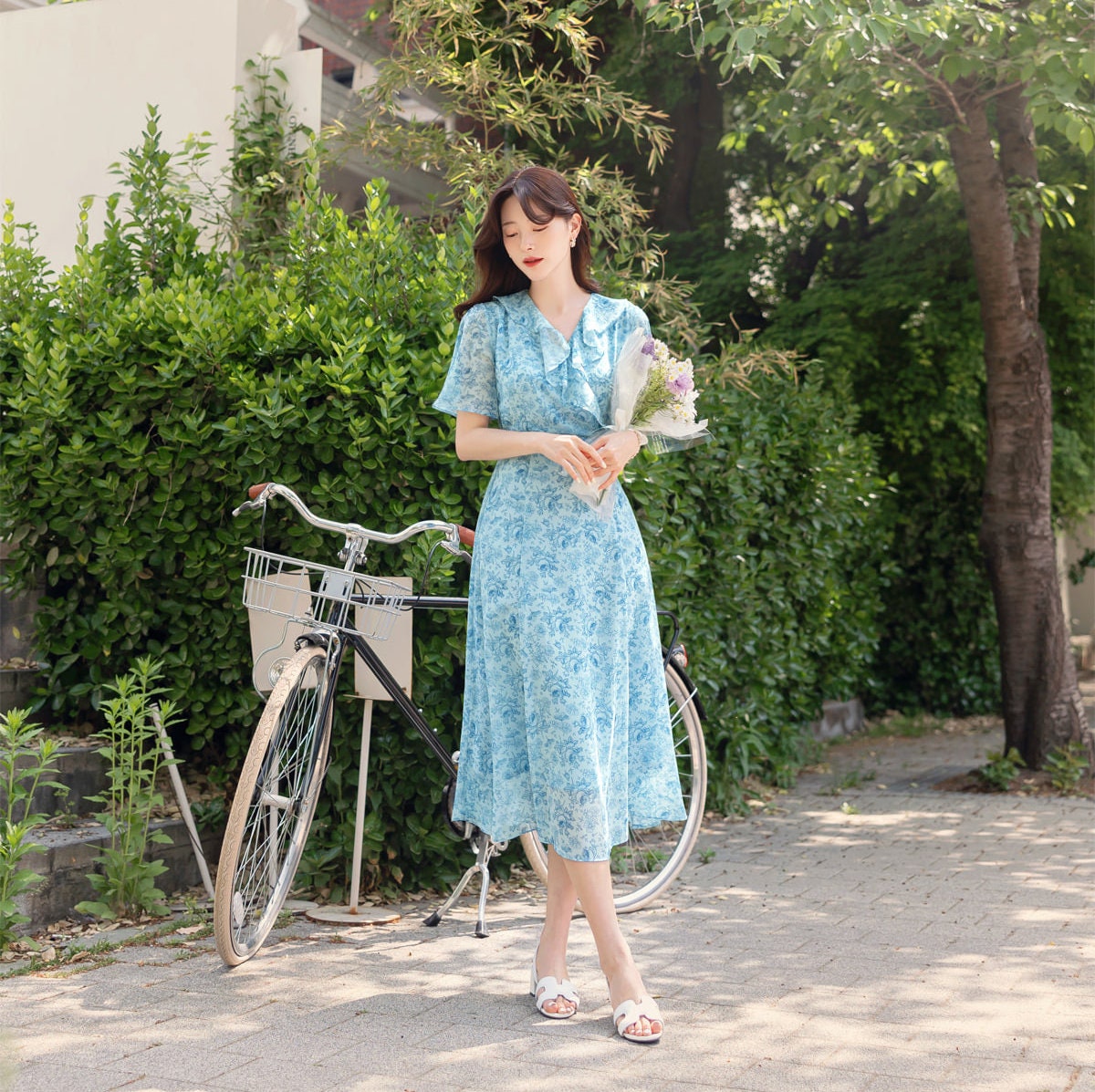 Floral Chiffon Midi Dress / Korean Style Women Dress / V-neck Short Sleeve Spring Summer Midi Dress