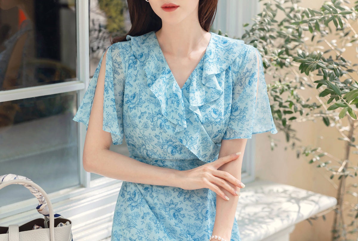 Floral Chiffon Midi Dress / Korean Style Women Dress / V-neck Short Sleeve Spring Summer Midi Dress