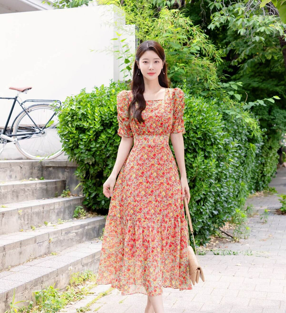 Summer Floral Puff Sleeve Square Neck Chiffon Midi Dress – STUDIO731