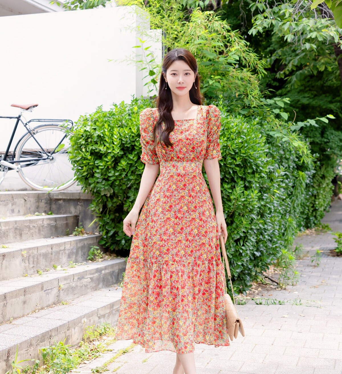 Summer Floral Puff Sleeve Square Neck Chiffon Midi Dress / Korean Style Women Dress / Lovely Long Dress