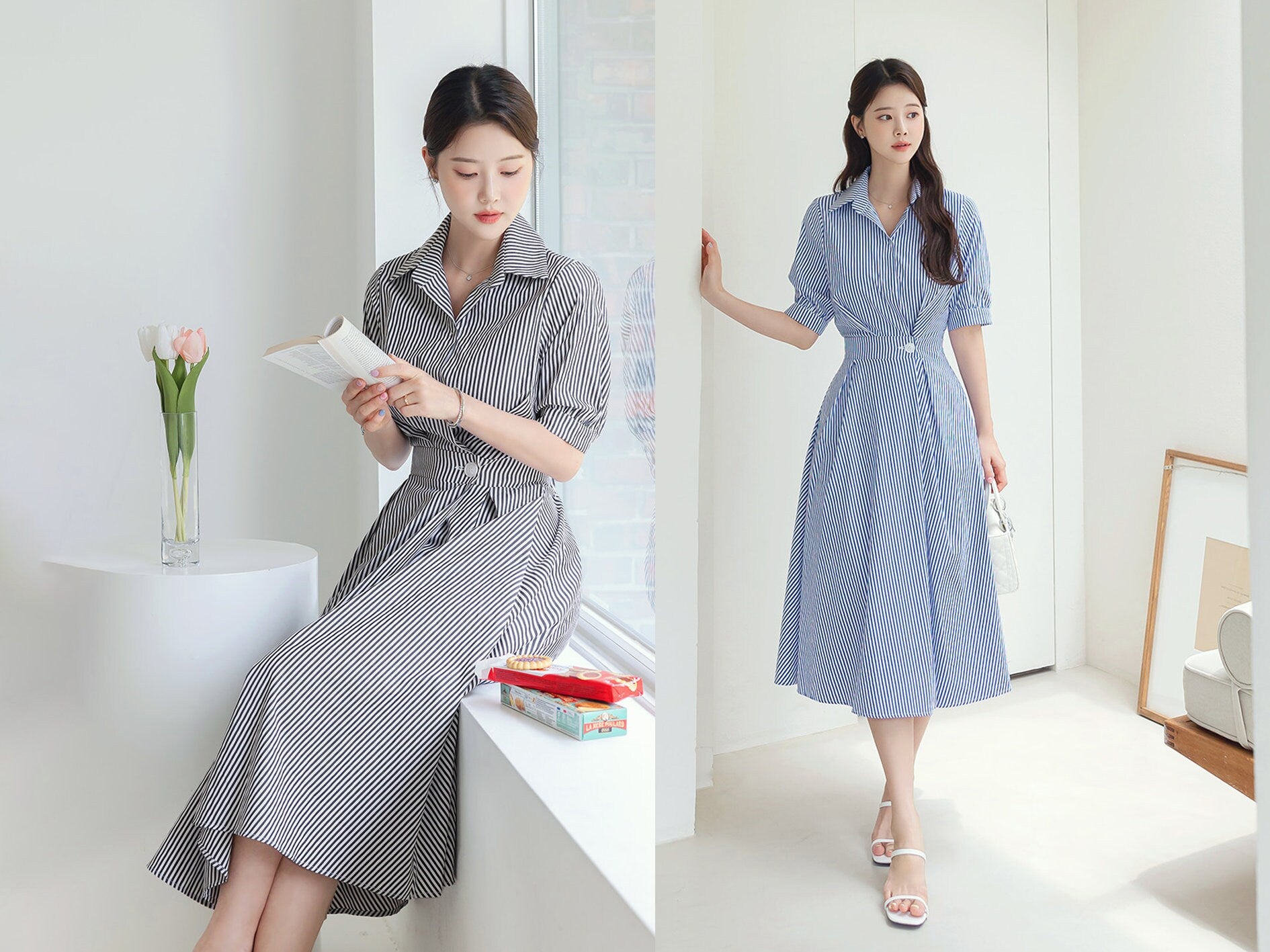 Elegant Feminine Striped Cotton Dress / Korean Style Summer Flare Midi Dress / Luxury wear Elegant Dress for Spring to Fall