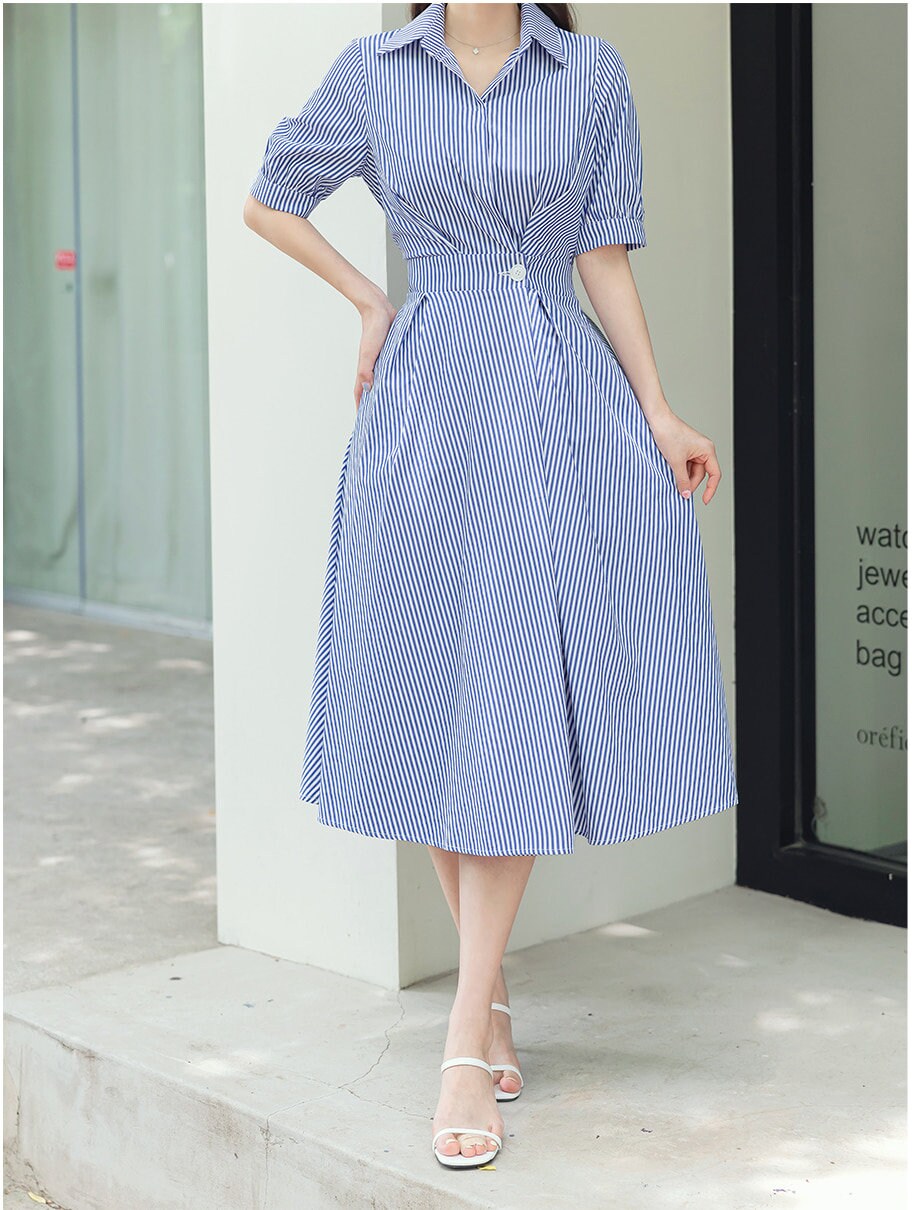 Elegant Feminine Striped Cotton Dress / Korean Style Summer Flare Midi Dress / Luxury wear Elegant Dress for Spring to Fall